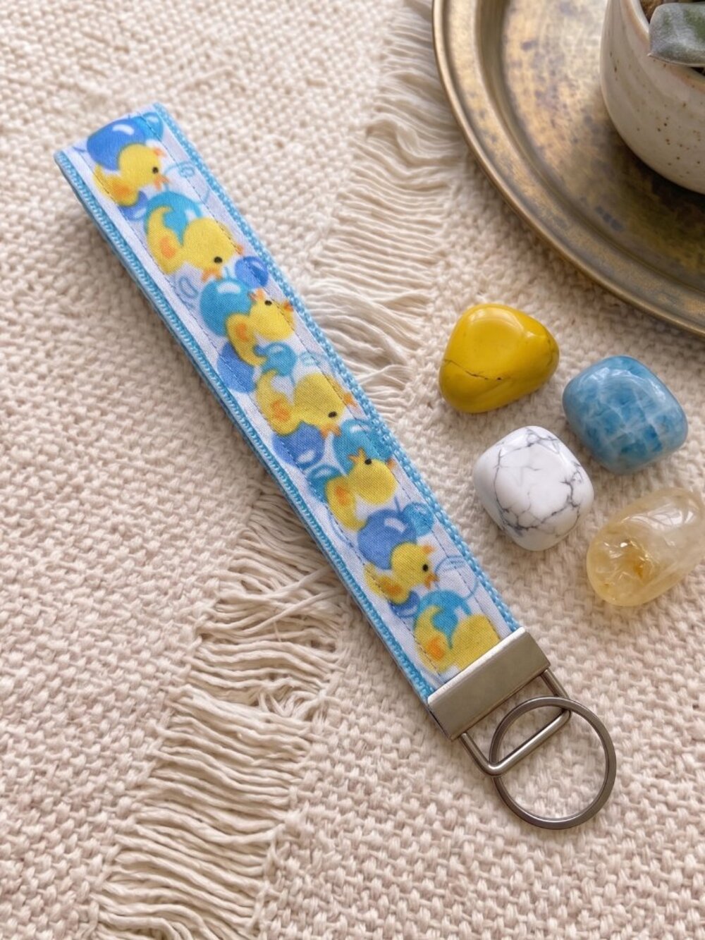 New Handmade Yellow Rubber Duck & Bubbles Ribbon Key Fob Wristlet